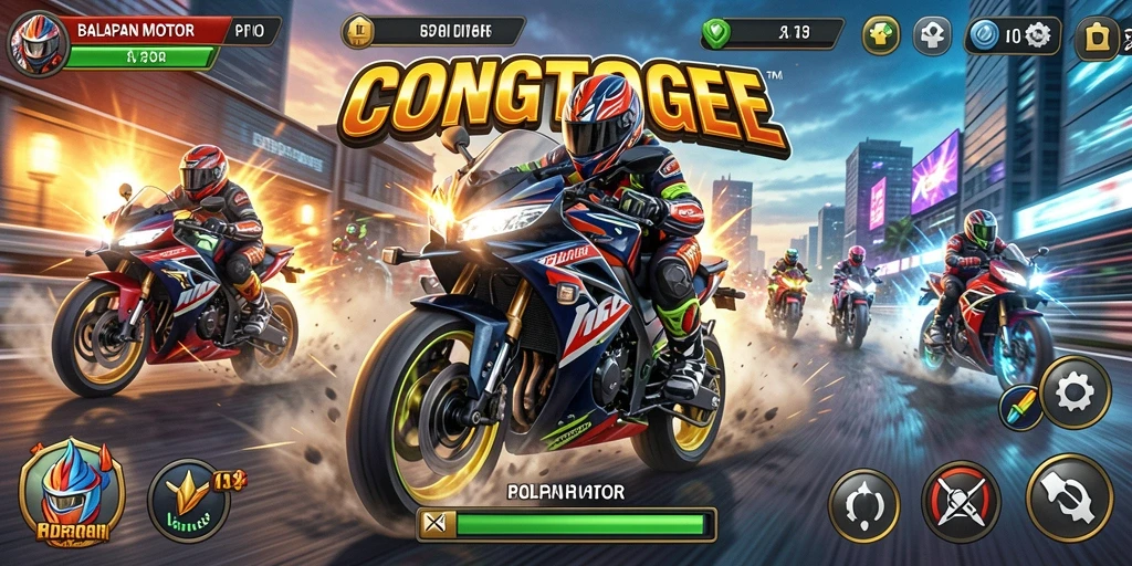 Tampilan gameplay seru di CONGTOGEL dengan balapan motor yang menegangkan.