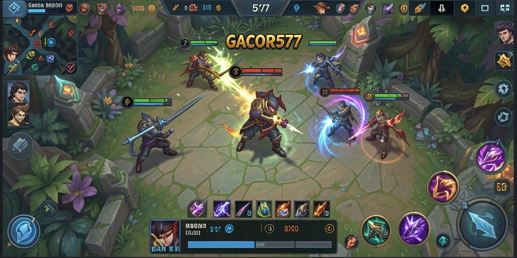 Tampilan pertempuran seru dalam GACOR577 yang menyajikan strategi MOBA.